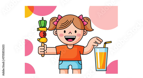 Cheerful Girl Enjoying Healthy Meal and Refreshing Drink, Playful Summer Fun