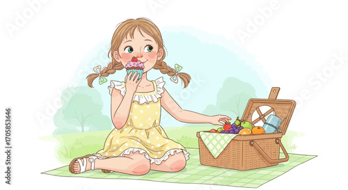 Cheerful Girl Enjoys Cupcake During Picnic Amidst Summer Delights and Fresh Fruits