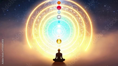 Wide-angle sunrise meditator’s silhouette golden light crown chakra, vibrant swirling energy cosmos weather misty clear radiant skies planets align bridge heavens. Energy celestial 4K mystical video