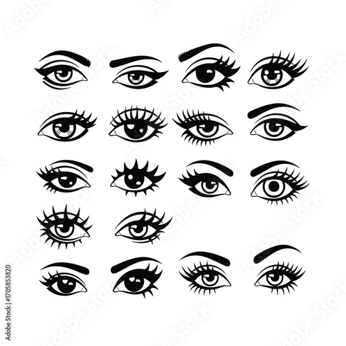 A collection of handdrawn female eyes with various makeup styles long eyelashes and defined eyebrows.