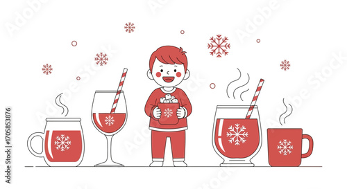 Cheerful Illustration Of A Boy Enjoying Winter Drinks Surrounded By Falling Snowflakes