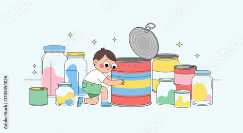 Cheerful Kid Embraces Colorful Canned Goods and Jars in Vibrant, Playful Illustration