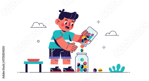 Cheerful Kid Adding Colorful Marbles Into The Glass Jar For Fun Game Activities