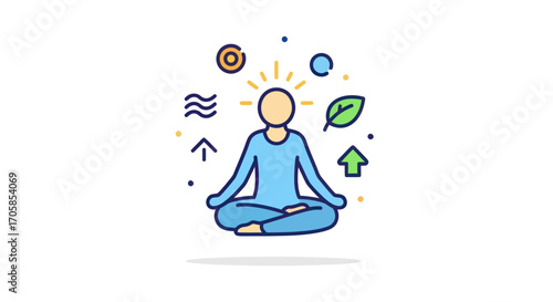 Mindful Meditation Icon with Glowing Head and Abstract Wellness Symbols.