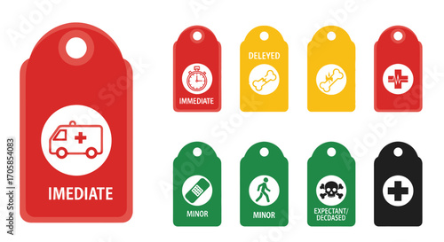 A set of colorful medical triage tags for emergency patient categorization and sorting.