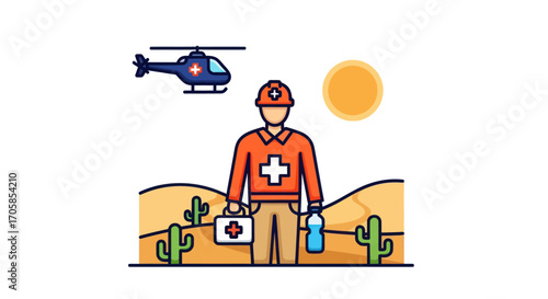 Rescue worker with a first aid kit and helicopter during a humanitarian mission in the desert.