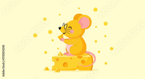 Cheerful Mouse with Glasses Happily Enjoying a Piece of Cheese, Cartoon Illustration