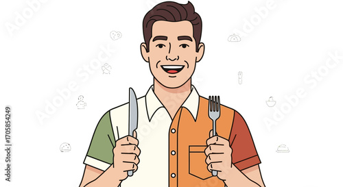 Cheerful Man Holding Fork and Knife, Smiling, and Ready to Begin a Delicious Meal now
