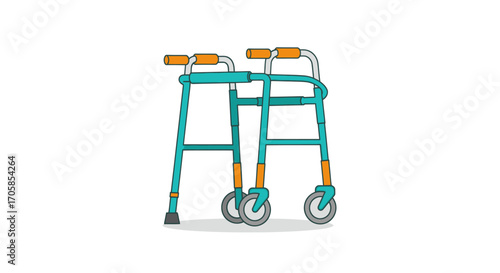 Turquoise two-wheeled medical walker with orange hand grips illustration.