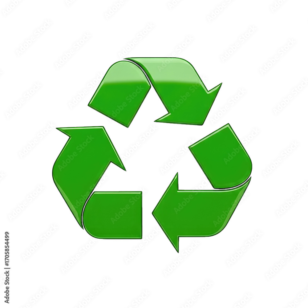 Fototapeta premium Glossy green recycling symbol icon with 3 arrows promoting environmental sustainability transparent background