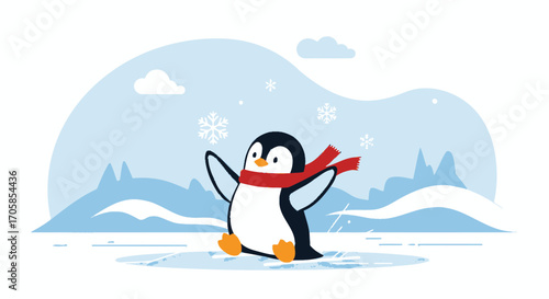 Cheerful Penguin Embracing The Winter Season With A Festive Red Scarf And Joyful Spirit