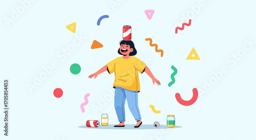 Cheerful Person Balancing A Soda Can On Head Celebrating Youthful Expression Illustration