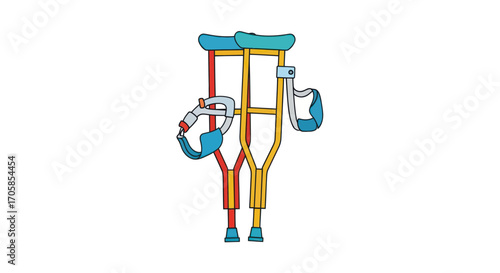 Pair of colorful forearm crutches mobility aid for walking assistance.