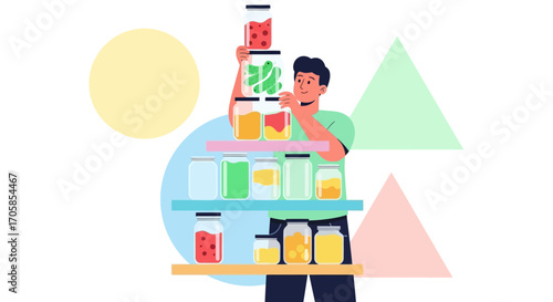 Cheerful Person Balancing Jars of Preserved Food, Creative Modern Illustration and Design