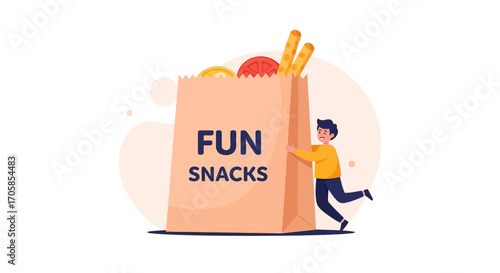 Cheerful Person Carrying a Paper Bag Filled With Fun Snacks, Food Illustration