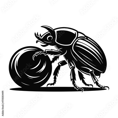Detailed silhouette illustration of a dung beetle pushing a large ball