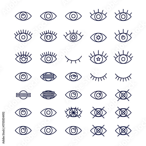 A collection of minimalist line art eye icons showing various expressions symbols and states of vision.