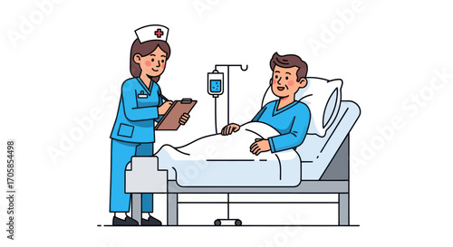 Nurse attending to male patient in hospital bed with IV drip.