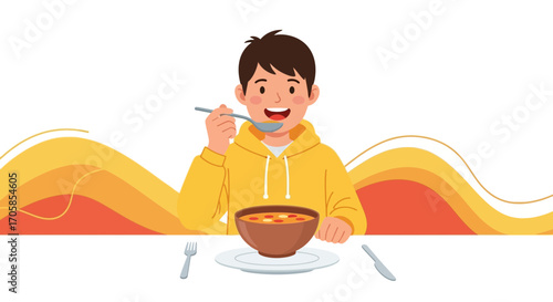 Cheerful Person Enjoys Bowl Of Soup With Smiling Expression On Their Face