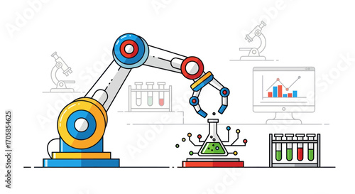 Robotic Arm Conducting Scientific Experiment with Beaker and Test Tubes.