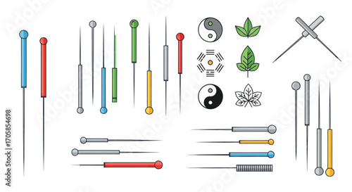 Colorful Acupuncture Needles and Symbols for Traditional Chinese Medicine.