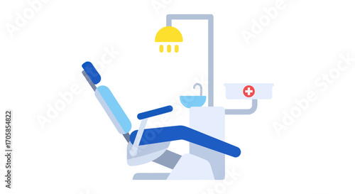 Modern Blue and White Dental Chair with Attached Equipment.