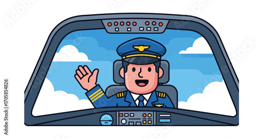Cheerful Pilot Inside A Cockpit Smiling And Waving To Passengers During The Flight