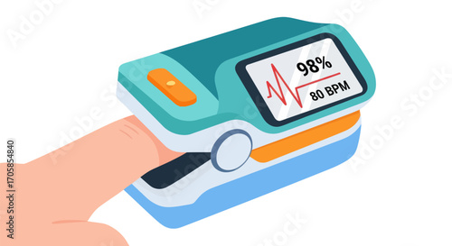 Pulse Oximeter on Finger Displaying Oxygen Saturation and Heart Rate.