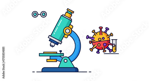 Scientific Microscope Examining a Cartoon Virus Specimen in a Test Tube.
