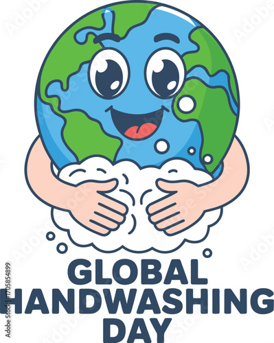 Happy cartoon Earth character washing hands with soap bubbles, promoting global hygiene and health awareness.