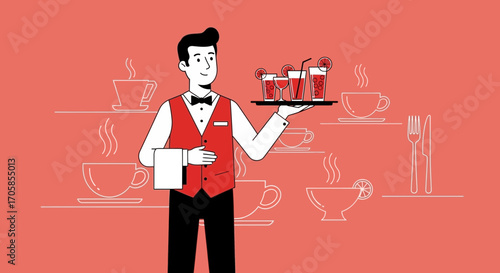 Cheerful Server With Drinks On Tray, Modern Restaurant Elements And Serving Concept