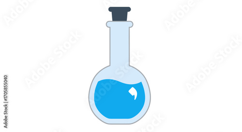 A simple cartoon illustration of a glass laboratory flask filled with a blue chemical liquid.