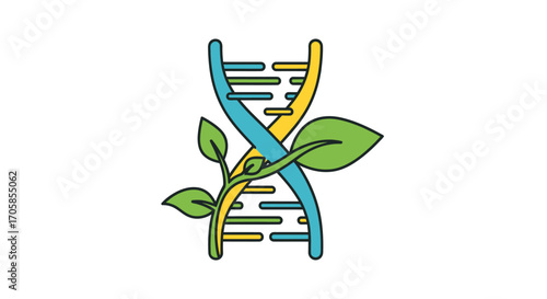 Stylized DNA helix intertwined with a growing green plant sprout.
