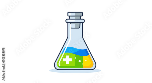 Chemical Flask with Blue Green and Yellow Liquid.