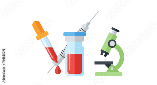 Medical Research Tools: Microscope Syringe and Pipette with Blood Sample.