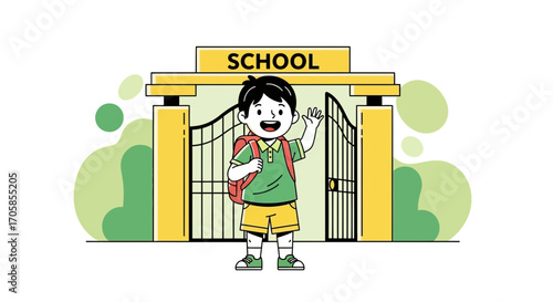 Cheerful Student Eagerly Arriving at School, Welcoming Start of Academic Year