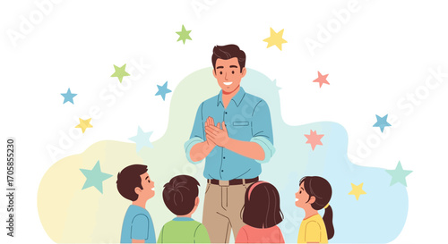 Cheerful Teacher Interacts With Students Among Floating Stars For Educational Purpose