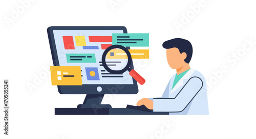 Flat design illustration of a person searching and analyzing data on a computer monitor with a magnifying glass.