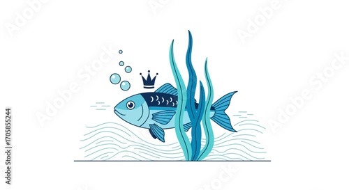 A Cartoon Fish Wearing A Crown And Emerging From The Ocean With Algae