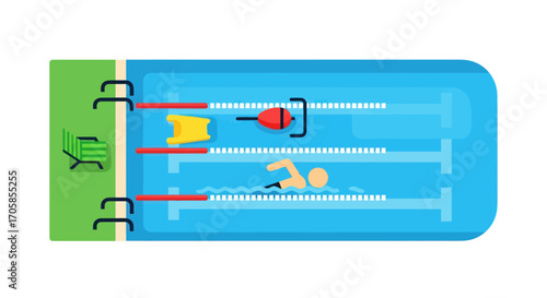Swimmer in a Blue Swimming Pool with Lane Markers and Starting Blocks.
