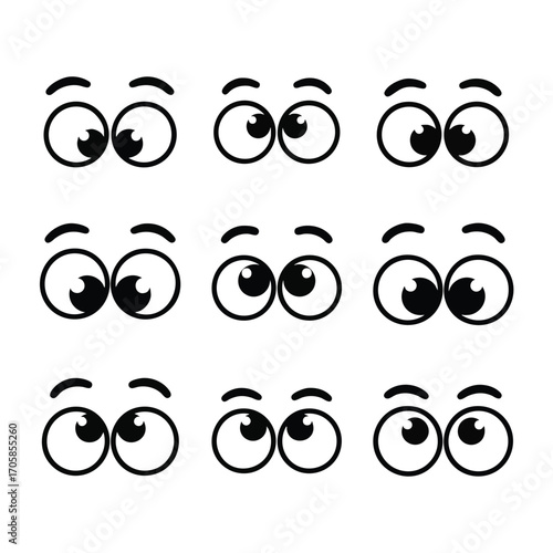 A collection of nine expressive cartoon eye pairs with eyebrows in a simple black line art style.