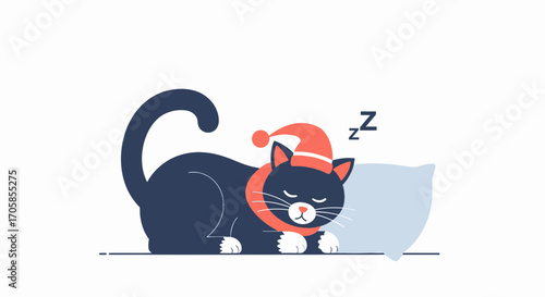 Adorable Sleeping Cat Wearing Festive Hat and Pillow, Simple Illustration Design
