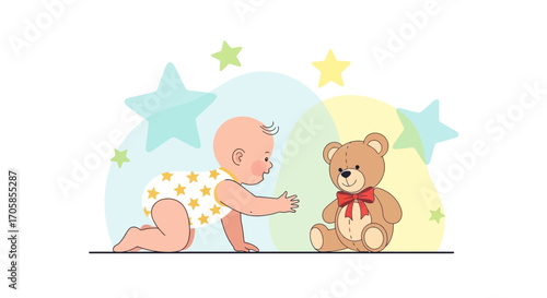 Adorable Infant Reaching For Teddy Bear Under Pastel Stars, Childhood Concept Depicted