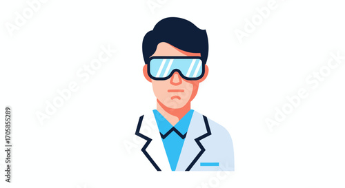 Flat design icon of a male scientist or researcher wearing a lab coat and safety goggles.