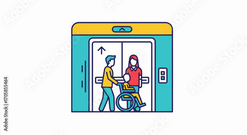 Accessible Elevator Interior with Person Assisting Wheelchair User.