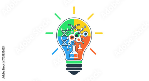 Creative light bulb concept with colorful quadrants of science symbols like DNA molecules and a brain.