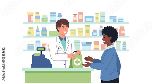 Friendly pharmacist handing medicine bag to customer at pharmacy counter illustration.