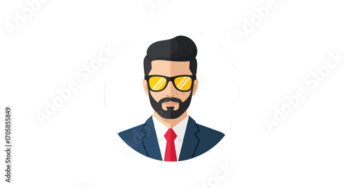 Stylish bearded man avatar in a business suit red tie and yellow sunglasses.