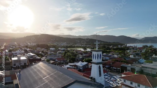 Garopaba, Brazil: Panoramic Golden Hour Aerial View of a Coastal Town