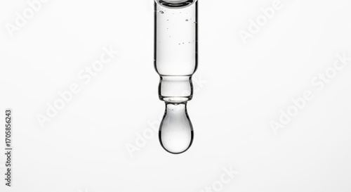 Clear serum drop suspended from pipette against plain background. Serum drop hangs, clean and glistening, ready to deliver concentrated skincare benefits.